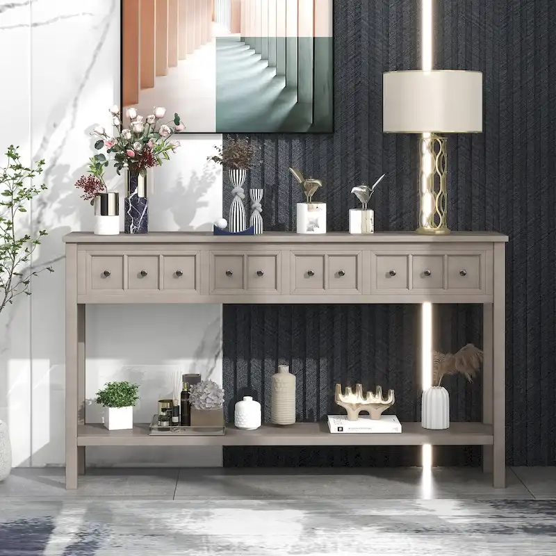 Rustic Entryway Console Table, 60 Long Sofa Table with two Different Size Drawers and Bottom Shelf for Storage