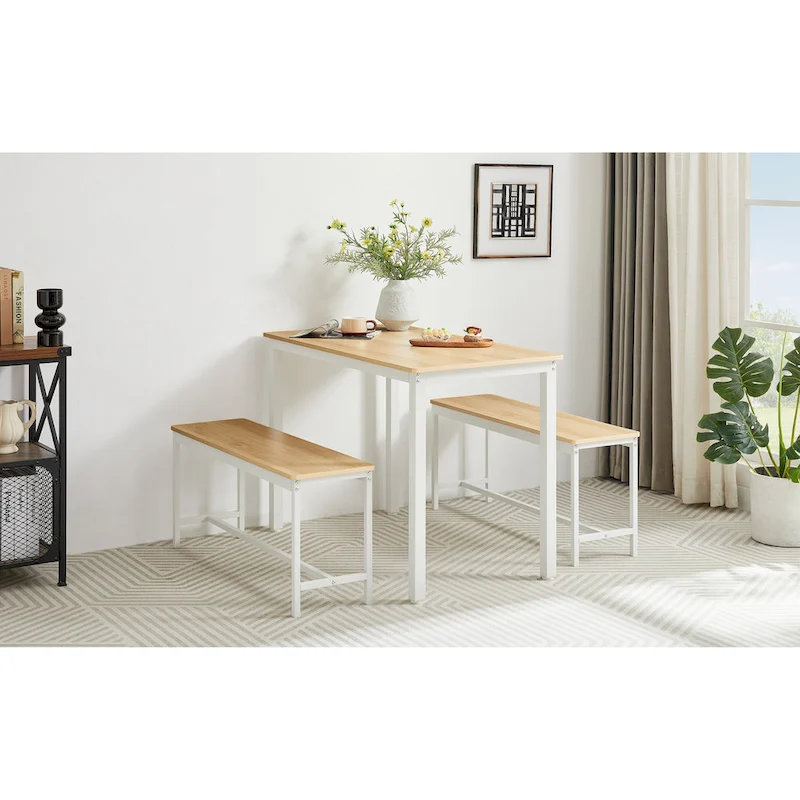 Industrial Rectangle Dining Table Set with 2 Benches Breakfast Nook Dining Table Set Kitchen Dining Table Set Metal Legs