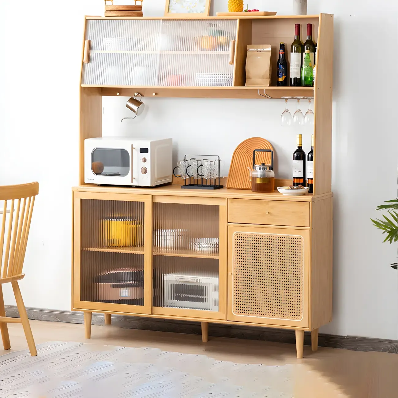 Natural Wood Dining Hutch Cabinet with Open Storage