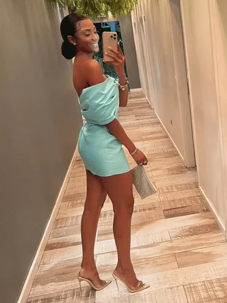 Aqua - Off The Shoulder Satin Bodycon Short Homecoming Dress With Beading
