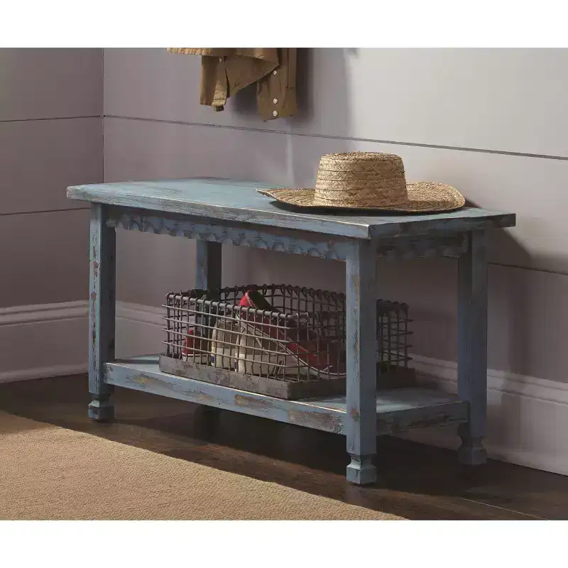 Alaterre Furniture Rustic Cottage Bench with Shelf, Blue Antique, Solid Wood, Perfect for Accent & Occasional Furniture, Farmhouse Barn