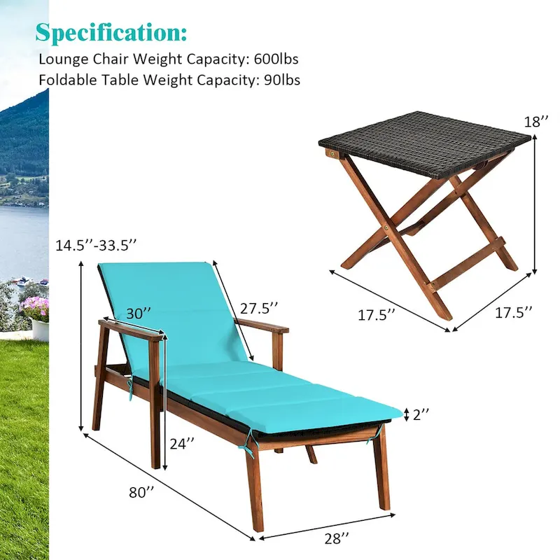 Costway 3PCS Patio Rattan Lounge Chair Folding Table Set Chaise Wood