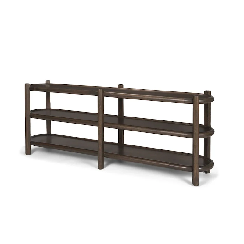 Dark Brown Wood Oval Console Table with 3 Shelves
