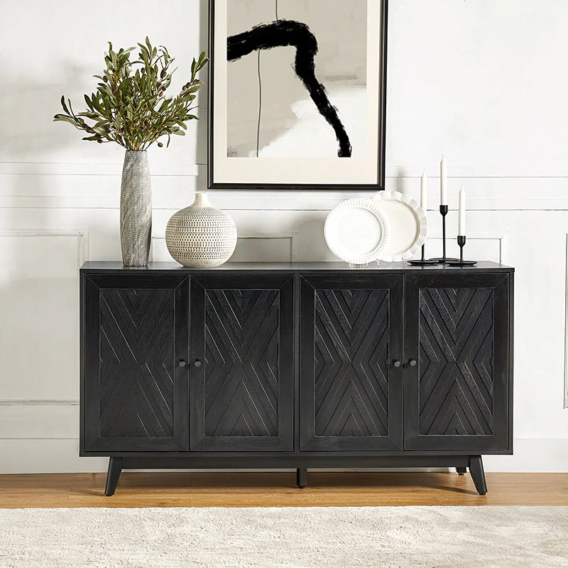 57 in Chevron Inlay 4-Door Sideboard with 3 Adjustable Shelves, Cable Management & Poplar Wood Legs | Walnut / Black | Single