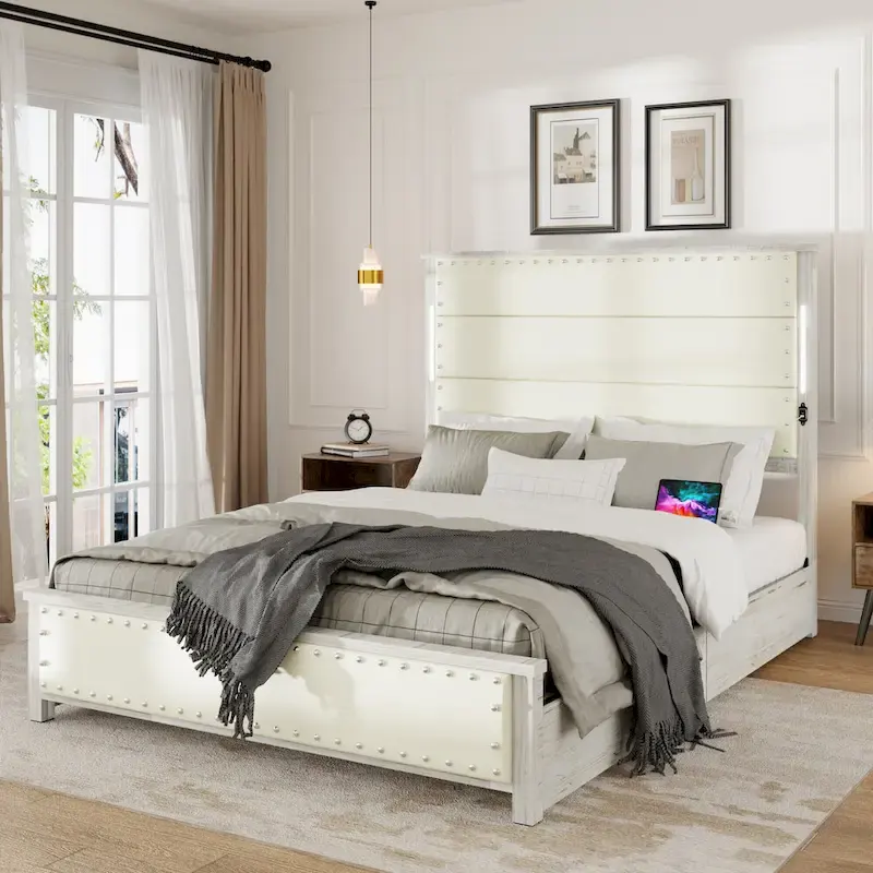Queen Size Bed Frame White MDF+Metal with Upholstered Headboard and 4 Storage Drawers