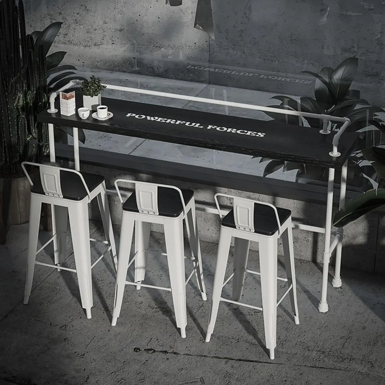 Rectangular Black Wood White Metal Four-Legged Bar Table Seat of 4