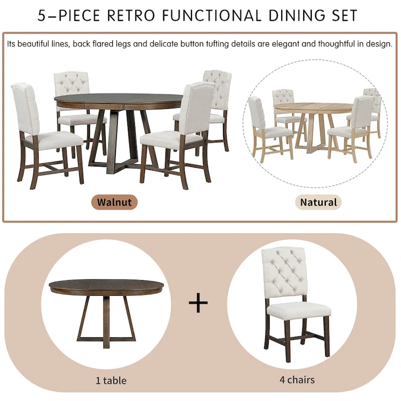 Walnut 5-Piece Wooden Dining Table Set with Expandable Round Table & 4 Chairs
