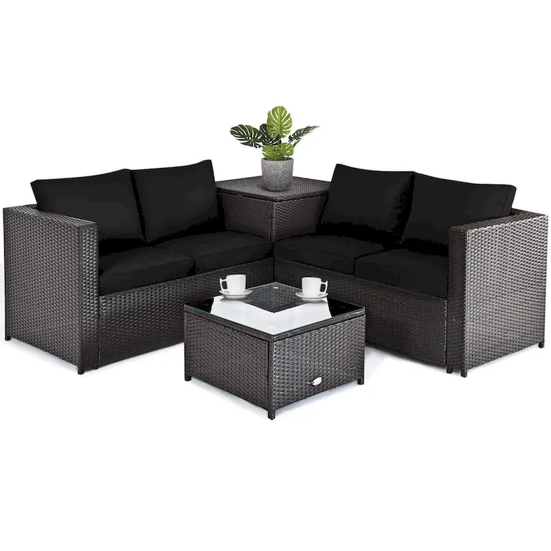 Gymax Set of 4 Patio Rattan Furniture Set Cushioned Loveseat Storage
