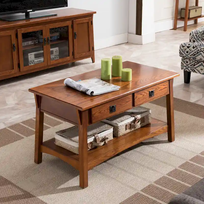 Solid Wood Mission Coffee Table with 2 Drawers – Russet Brown / Slate Brown, Craftsman Style