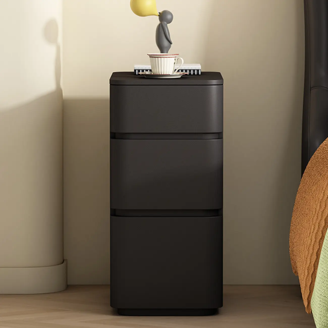 Narrow Leather Wood 3-Drawer Black Nightstand