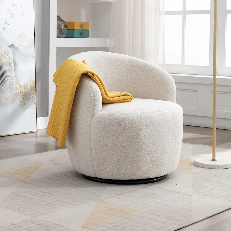 360° Swivel Barrel Accent Chair – Soft Teddy Fabric, Ergonomic Backrest