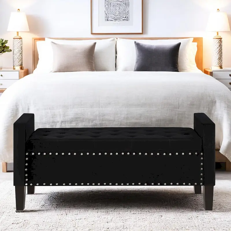 Button Tufted Storage Bench with Storage,Upholstered Storage Ottoman Bench with Nails Trim,End of Bed Stool