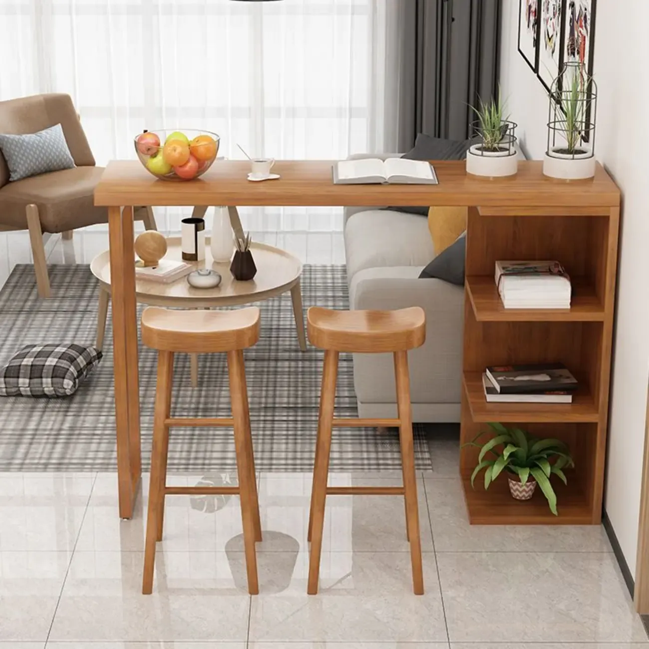 Modern Wooden Bar Height Table with Side Cabinet