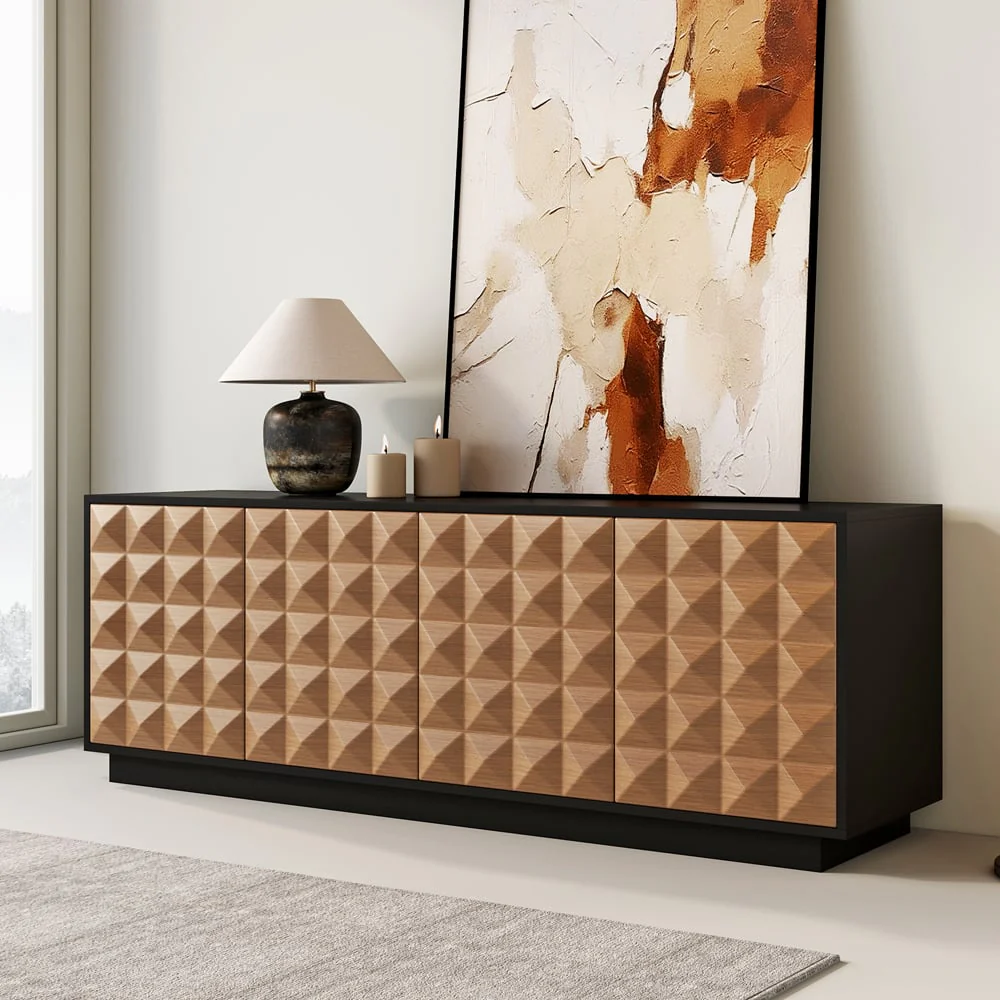 Black & Natural Wooden Fluted Doors TV Stand for 75 Inch TV