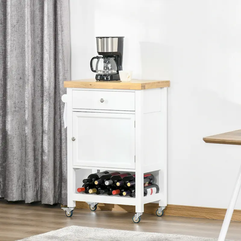 HOMCOM Utility Kitchen Cart, Rolling Kitchen Island with Smooth Rubberwood Top, Narrow Butcher Block Surface on Wheels
