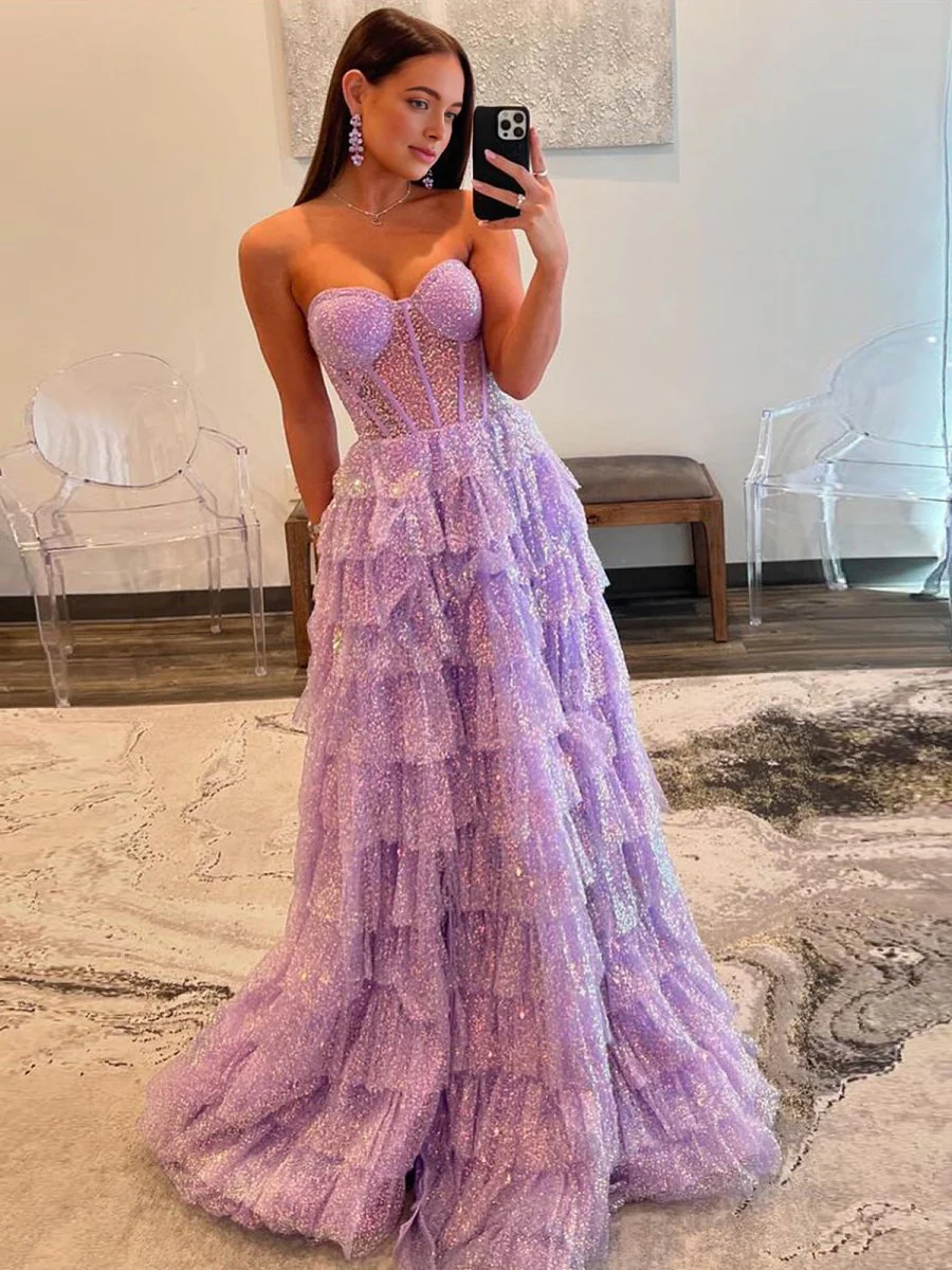 Lavender A-Line Sweetheart Sequins Long Prom Dresses With Split