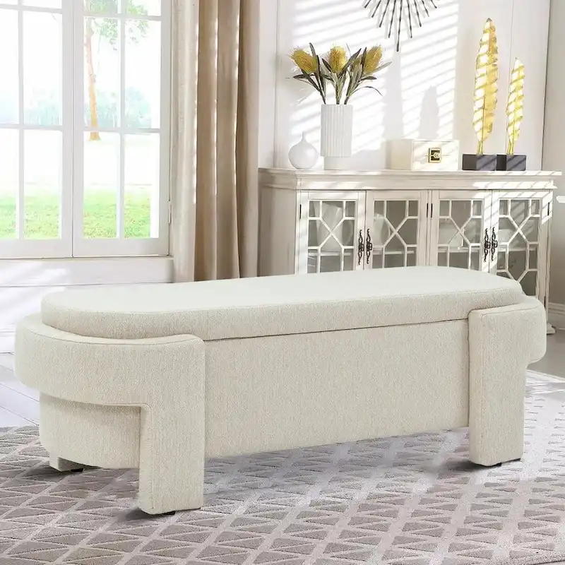 French Minimalist Fabric Upholstered Storage Bench with Four Upholstered Legs