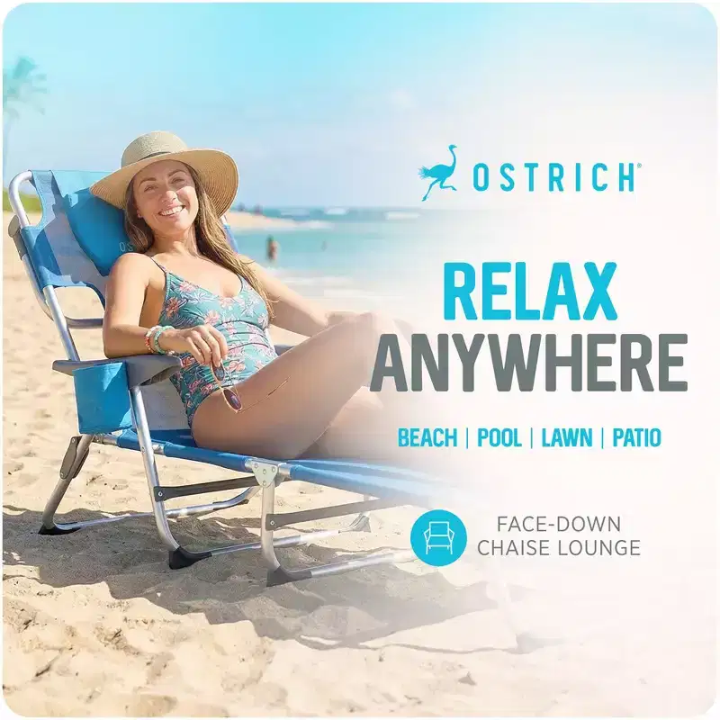 Ostrich The Margate Chaise Lounge, Facedown Pool Tanning Chair, Portable Outdoor Lounger for Beach and Camping, Breathable Mesh Fabric, Blue