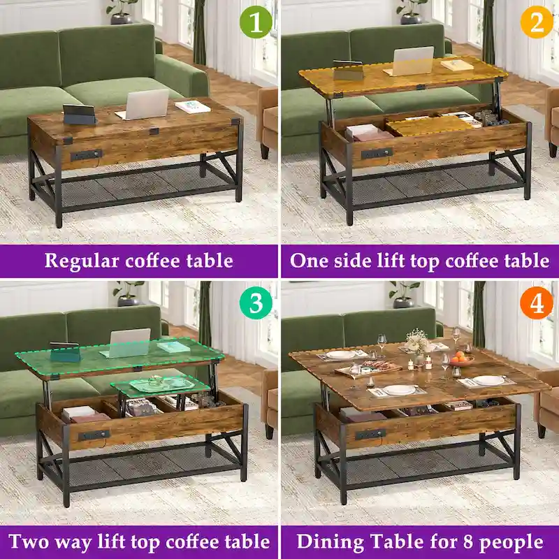 Expandable Lift Top Coffee Table Converts to Dining Table with LED Light and Power Outlet - 39 in. W X 41.73 in. L X 26.6 in. H