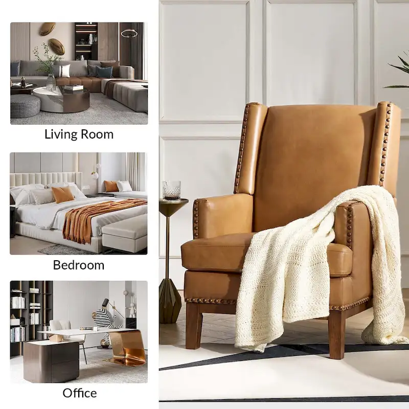 Lourdes Genuine Leather Armchair with Solid Wood Frame and Removable Seat Cushion by HULALA HOME