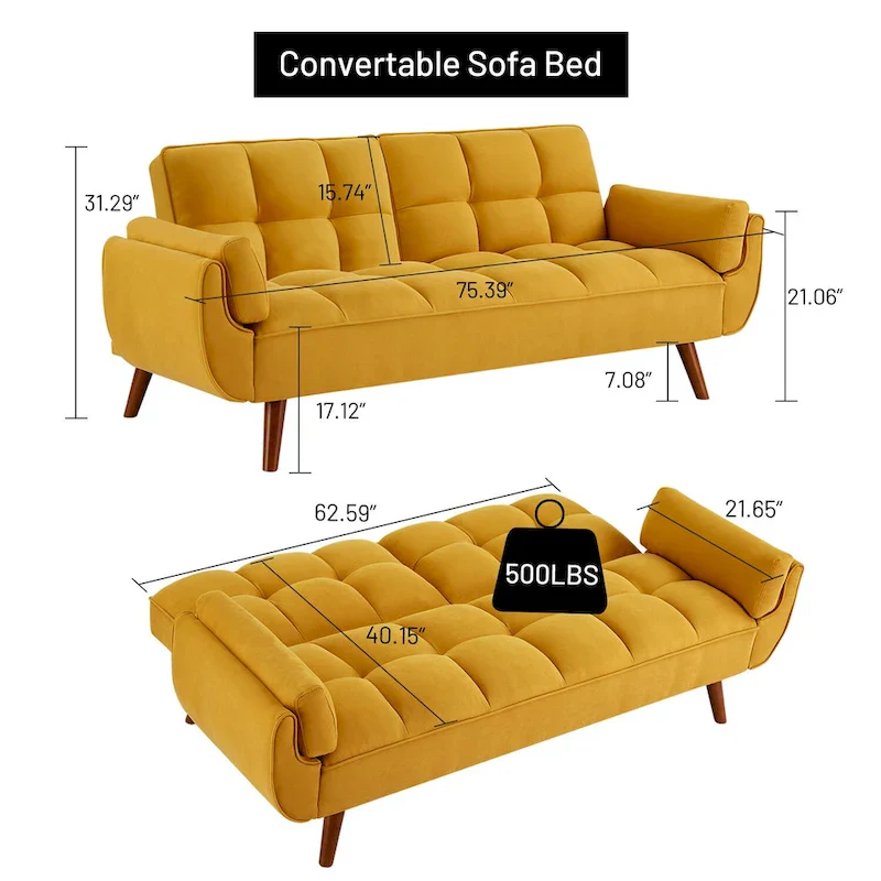 75.39 IN. Futon Sofa Bed, Convertible Upholstered Couch Sleeper with Reclining Sleeper Split Tufted Back