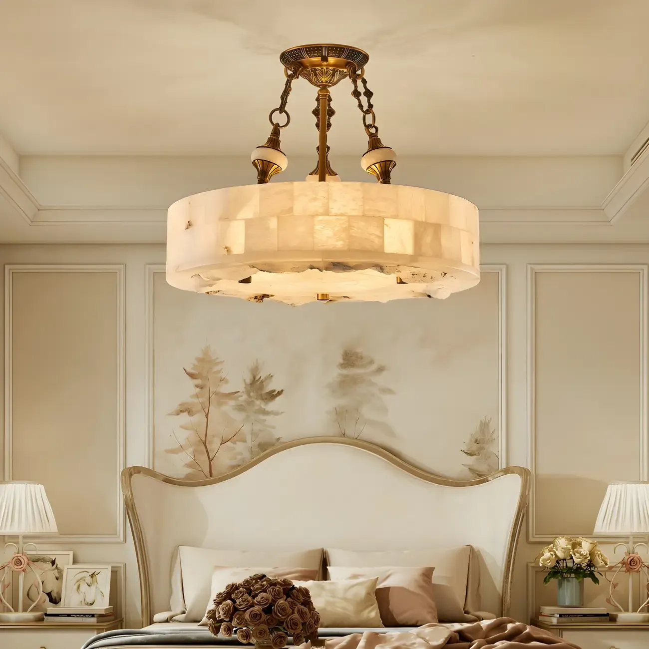 Luxurious Gold Alabaster Cylindrical Chandelier