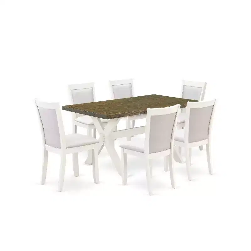 HomeStock 7-Piece Wire Brushed Linen White Finish Solid Wood Top Dining Table with 6-Chairs