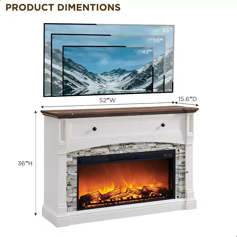 SinCiDo 52 Fireplace TV Stand, Entertainment Center w/ Fireplace, Hidden Flip Top Storage Cabinet, Remote Control, Adjustable 3D Realistic Flame