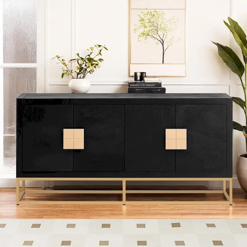 White / Navy Blue / Black 4-Door Storage Cabinet with Adjustable Shelves and Iron Legs