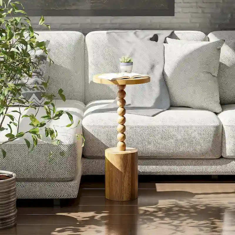 Round Pedestal End Table – Natural / Black, Drum Base, Seats 1