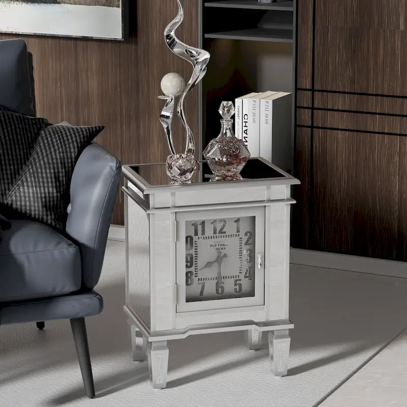 Mirrored Nightstand Clock End Table Silver Bedside Table Living Room - 19x13x25