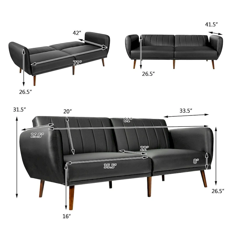 Convertible Futon Sofa Bed PU Leather Adjustable Couch Sleeper with Wood Legs - 81 x 33.5 x 31.5 (L x W x H)