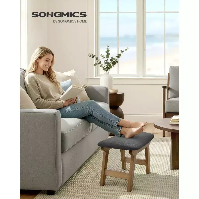 SONGMICS Foot Stool Ottoman, Padded Foot Rest Vanity Stool Under Desk with Solid Wood Frame