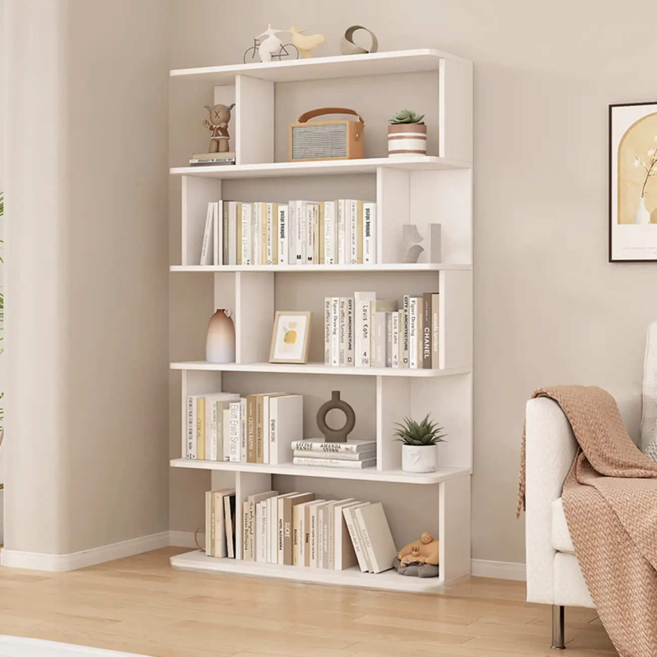 Modern White Open Back Wood 5 Shelf Bookshelf