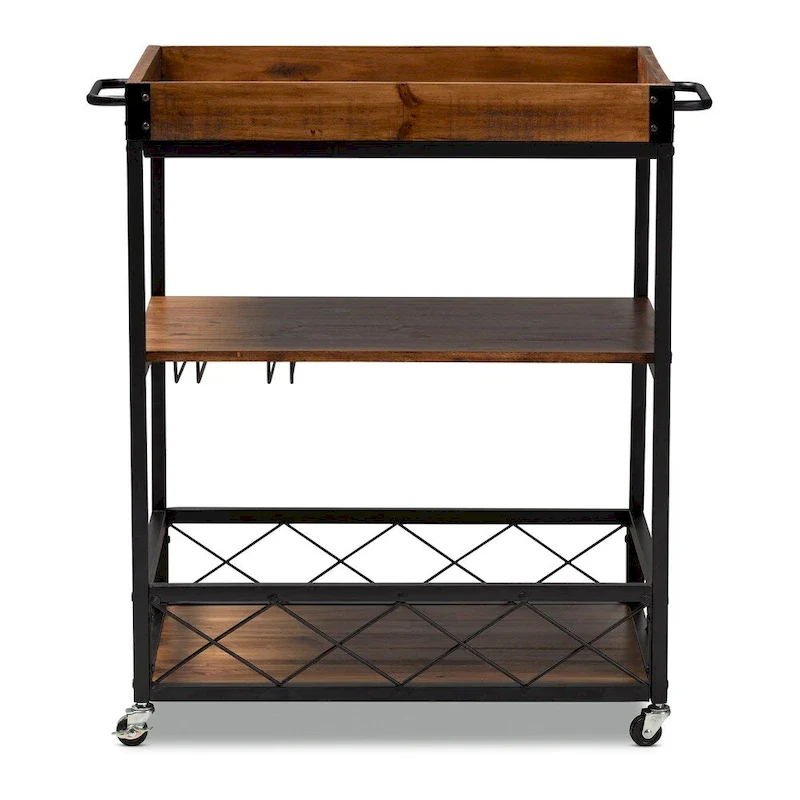 Industrial Oak Brown Bar Cart with Stemware Rack