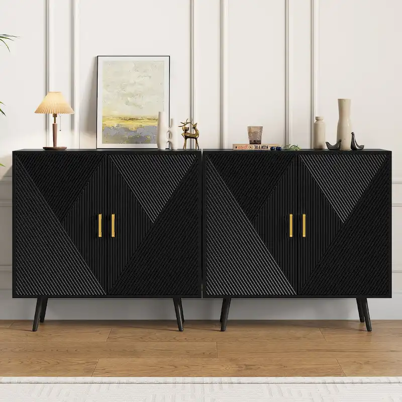 Black Modern 4-Door Sideboard Buffet Cabinet with Gold Handles, Adjustable Shelves & Black Iron Legs, 70.1 Inch