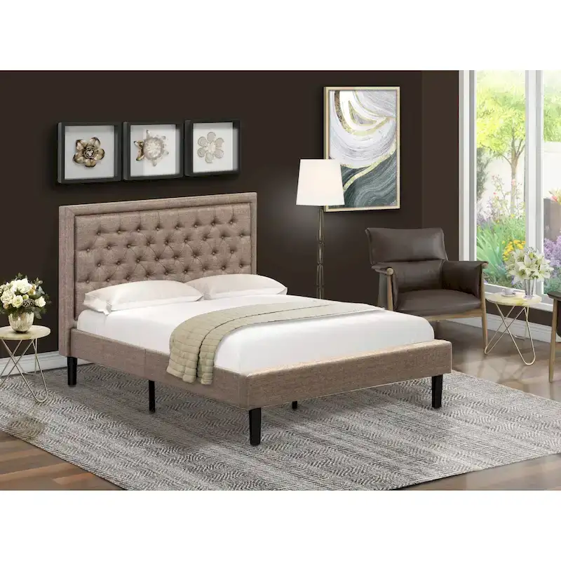 East West Furniture Platform Bed - Linen Fabric Bed - Headboard with Button Tufted Trim Design - (Size/Color options)