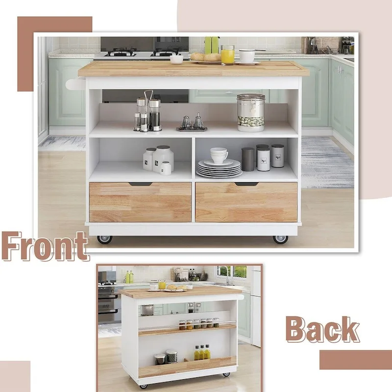 Kitchen Island on Wheels with Open Compartments and 2 Drawers