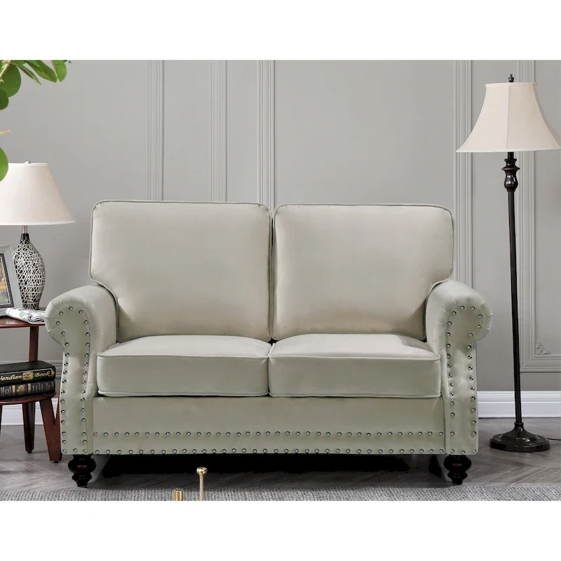 Velvet Nailhead Loveseat, 2-Seat, Beige/Blue/Green/Black/Grey/Yellow/Pink