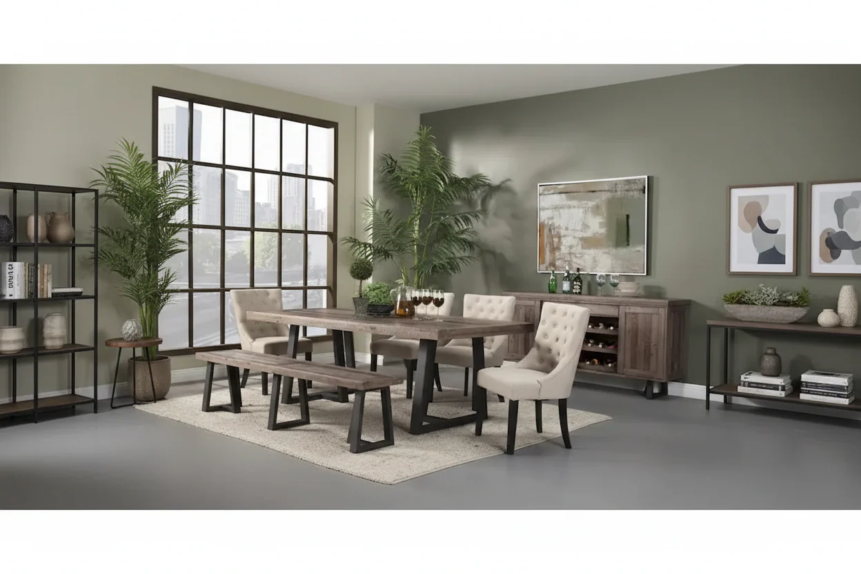 Rectangular Dining Table - Distressed Pine with Black Base, Seats 6 (Natural & Black)