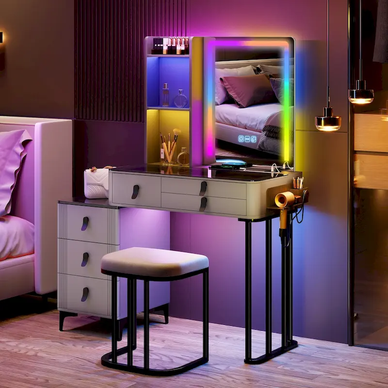 Makeup Vanity with RGB LED Mirror and Chair, Grey/White, Single Person