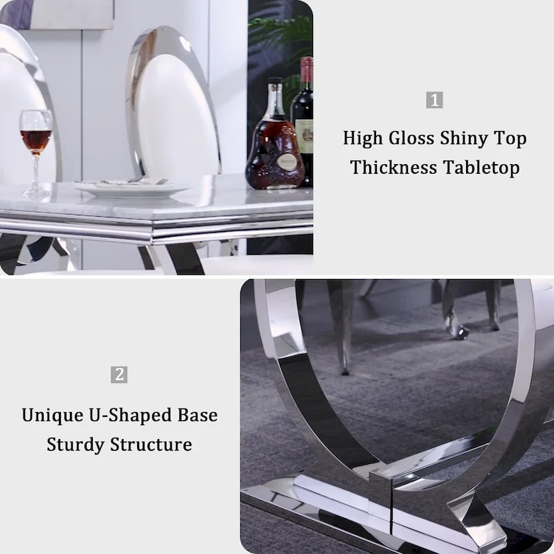 Dining Table with Circular Pedestal Base - Marble Texture Top, Seats 4-8 (Black/Grey/White)