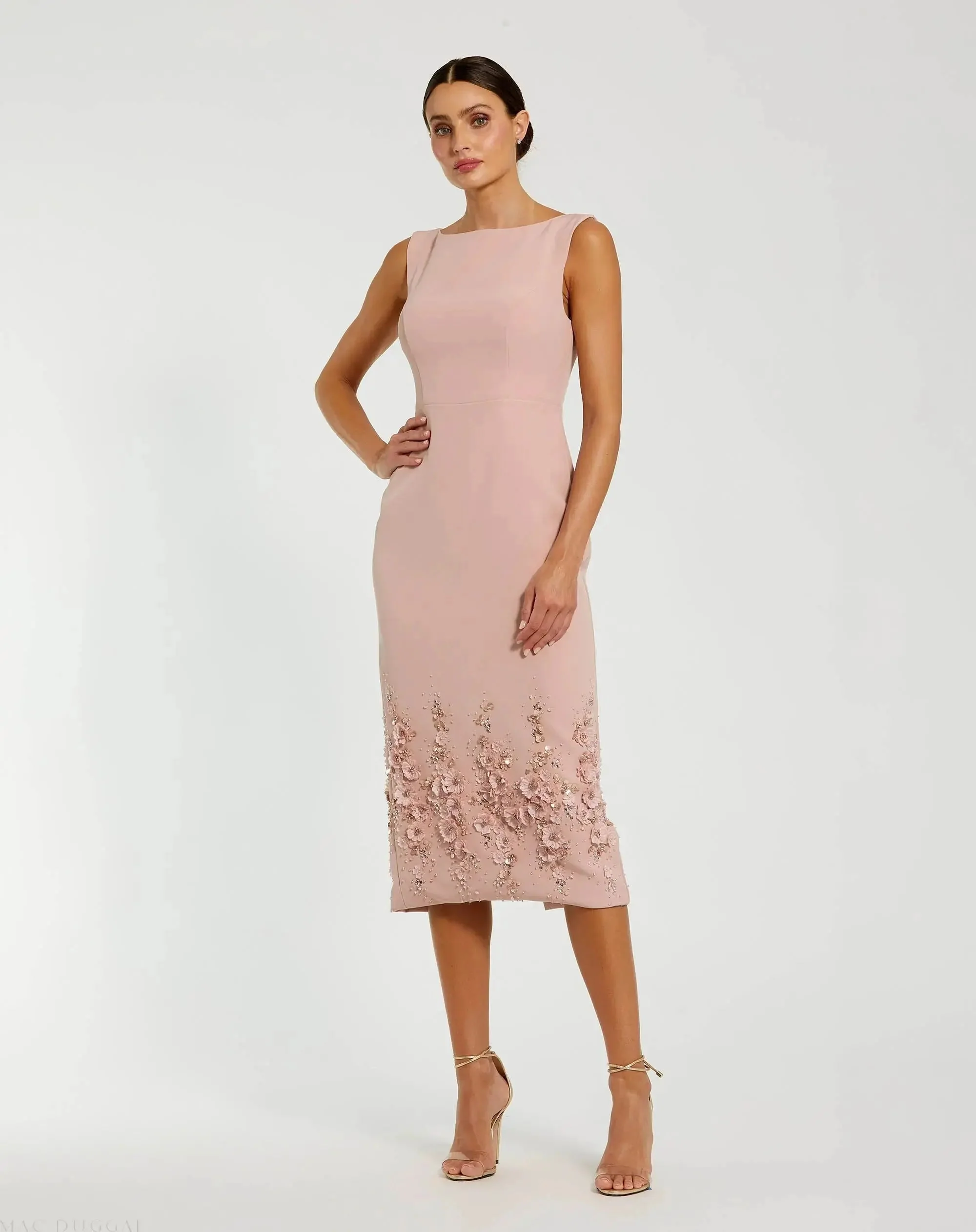 Pink Crepe Sleeveless Midi Dress With Flower Beading