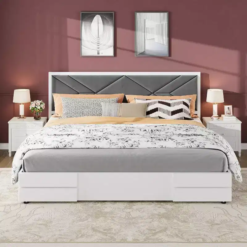 King Size Upholstered Bed Frame, Tufted Design Soft Headboard, Wooden Slat Support, Mattress Foundation, Stable & Quiet Full Bed Frame for Bedroom