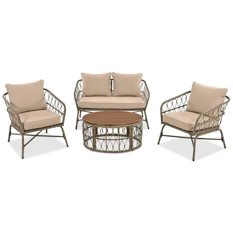 4 Pieces Outdoor Patio Conversation Set W/Removable Cushions,Wood Tabletop