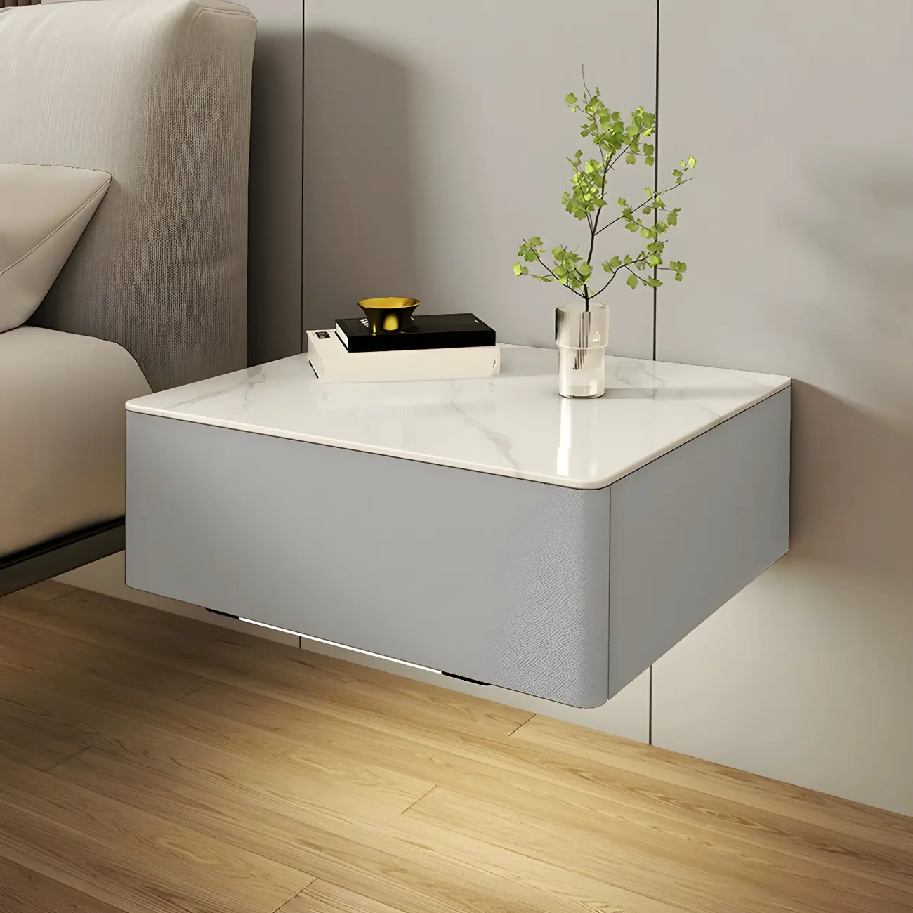 Modern Floating Stone Top Nightstand with Drawer