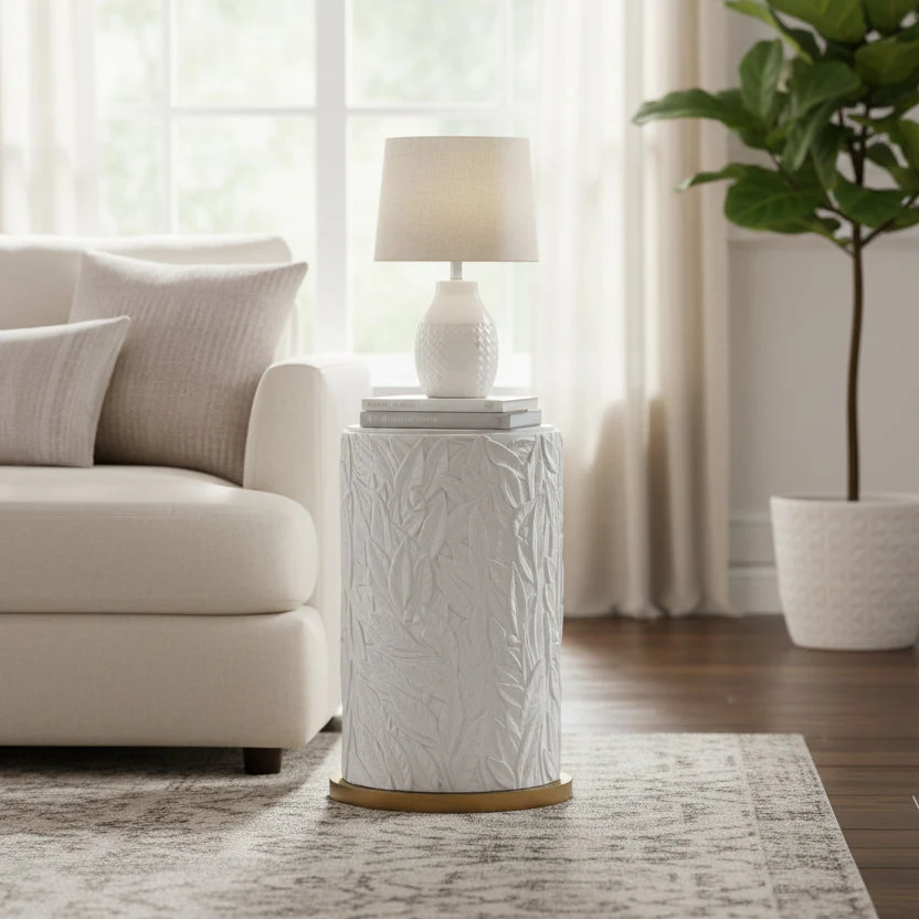 16 Inch Diameter Quartz Top Accent Table - White and Gold Leaf Motif