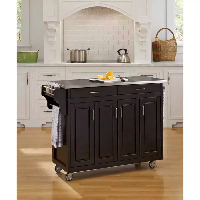 34.75" Kitchen Carts And Islands with Stainless Top Black/Silver - Home Styles: Mobile Storage, Spice Rack, Towel Bars