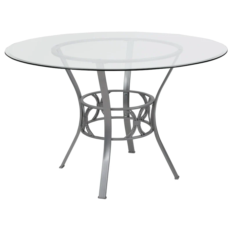 48 Round Glass Dining Table with Crescent Style Metal Frame - 48W x 48D x 29.5H - 48W x 48D x 29.5H
