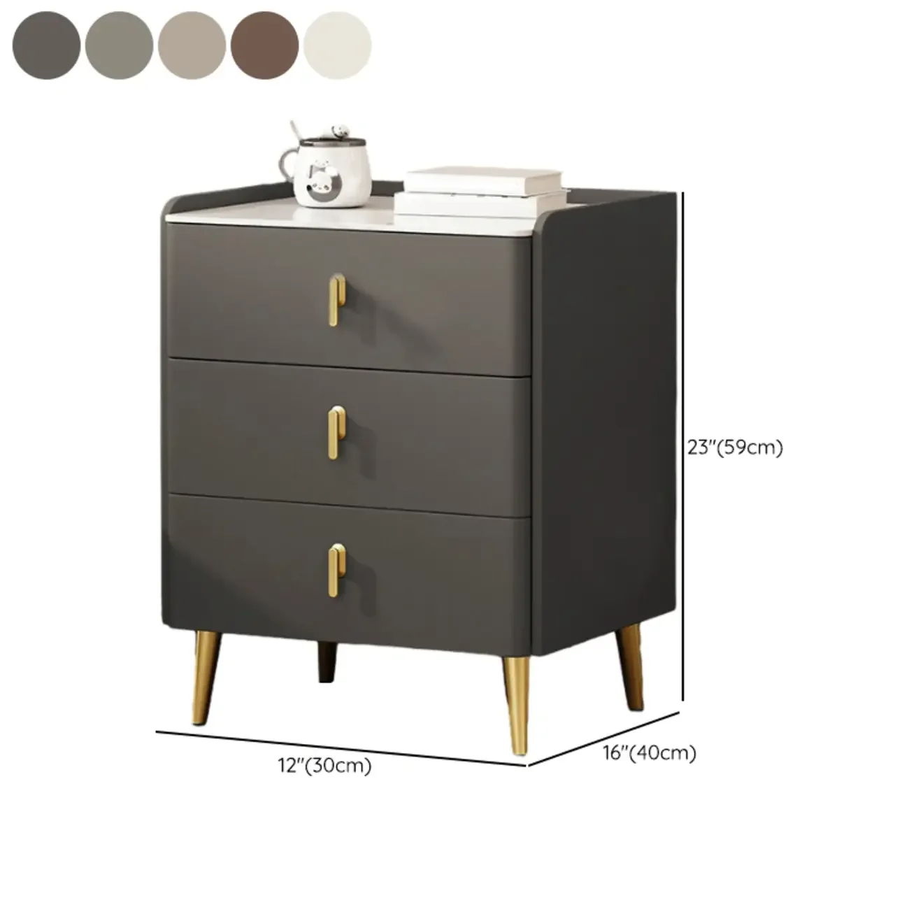 Modern Faux Leather 3 Drawers Nightstand with Stone Top